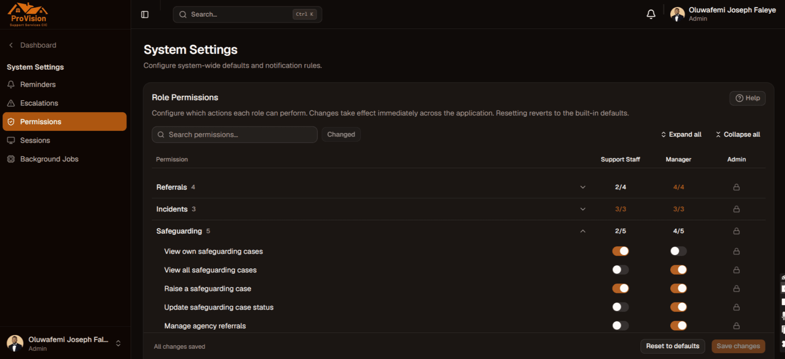 System permission settings screen